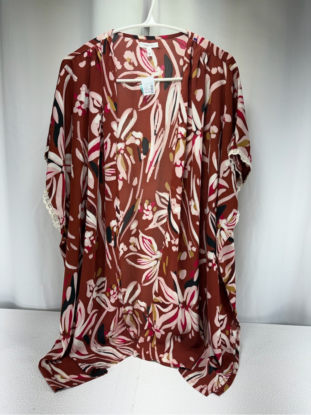 Maurices Brown Floral Open Front Kimono with Pink & Cream Accents 4750